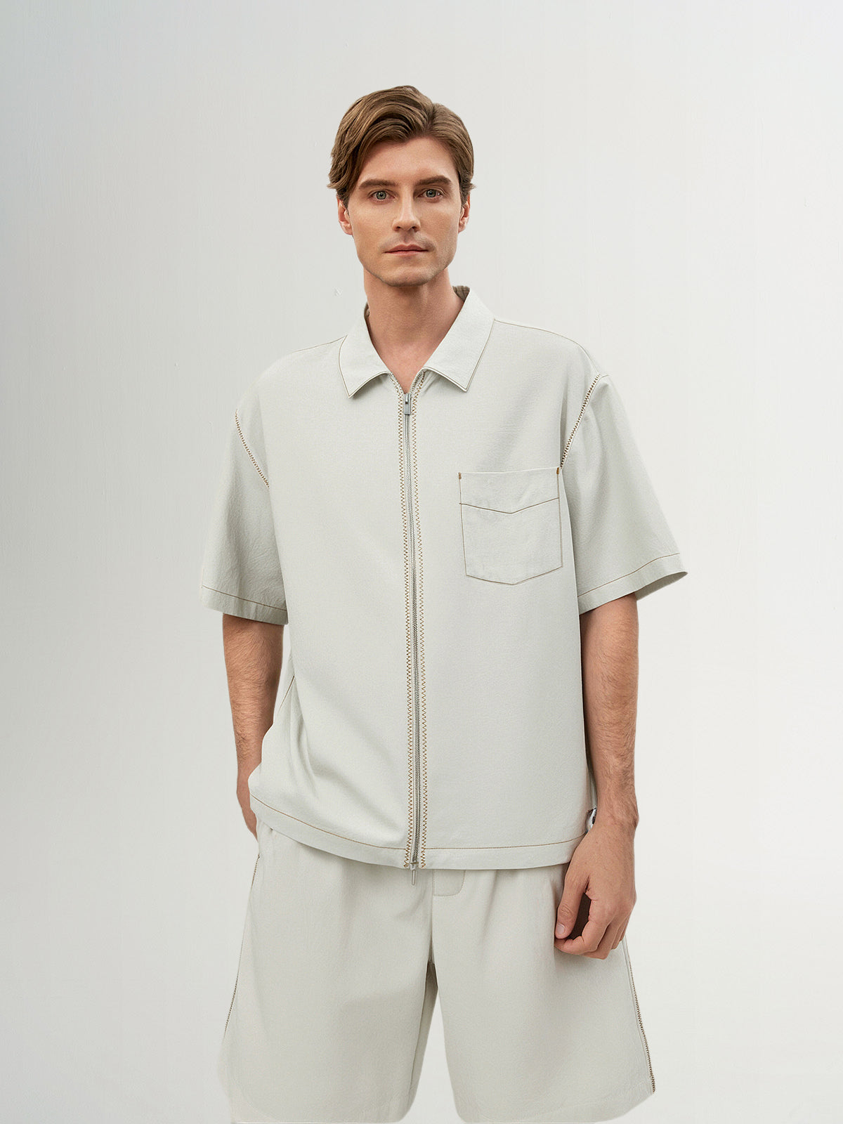 Acetate-Blend Zip Short-Sleeve Shirt