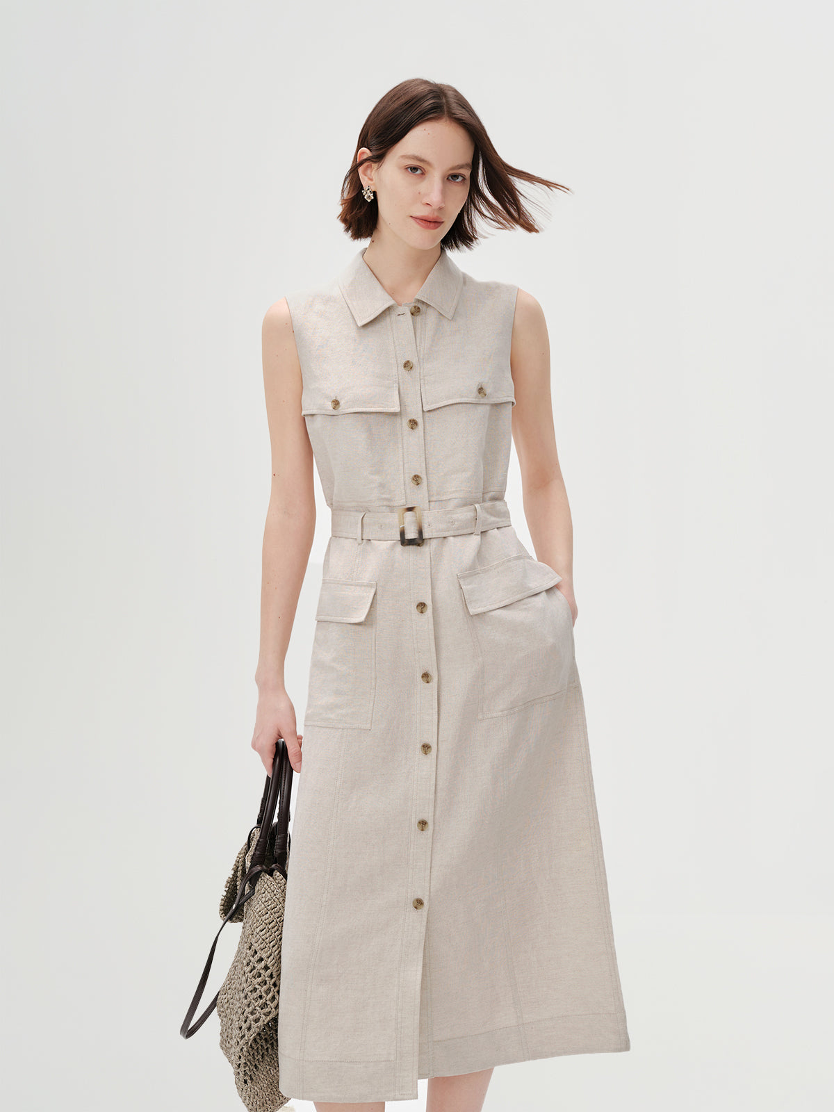 Lyocell Sleeveless Collared Dress with Belt
