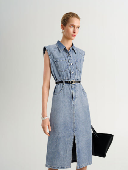 Cotton Denim Sleeveless Shirt Dress