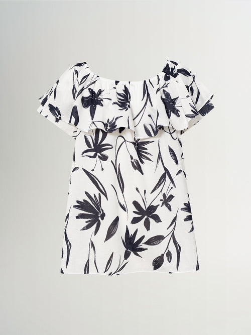 Load image 1 in gallery view. Cotton Ruffled-Neck Short-Sleeve Top