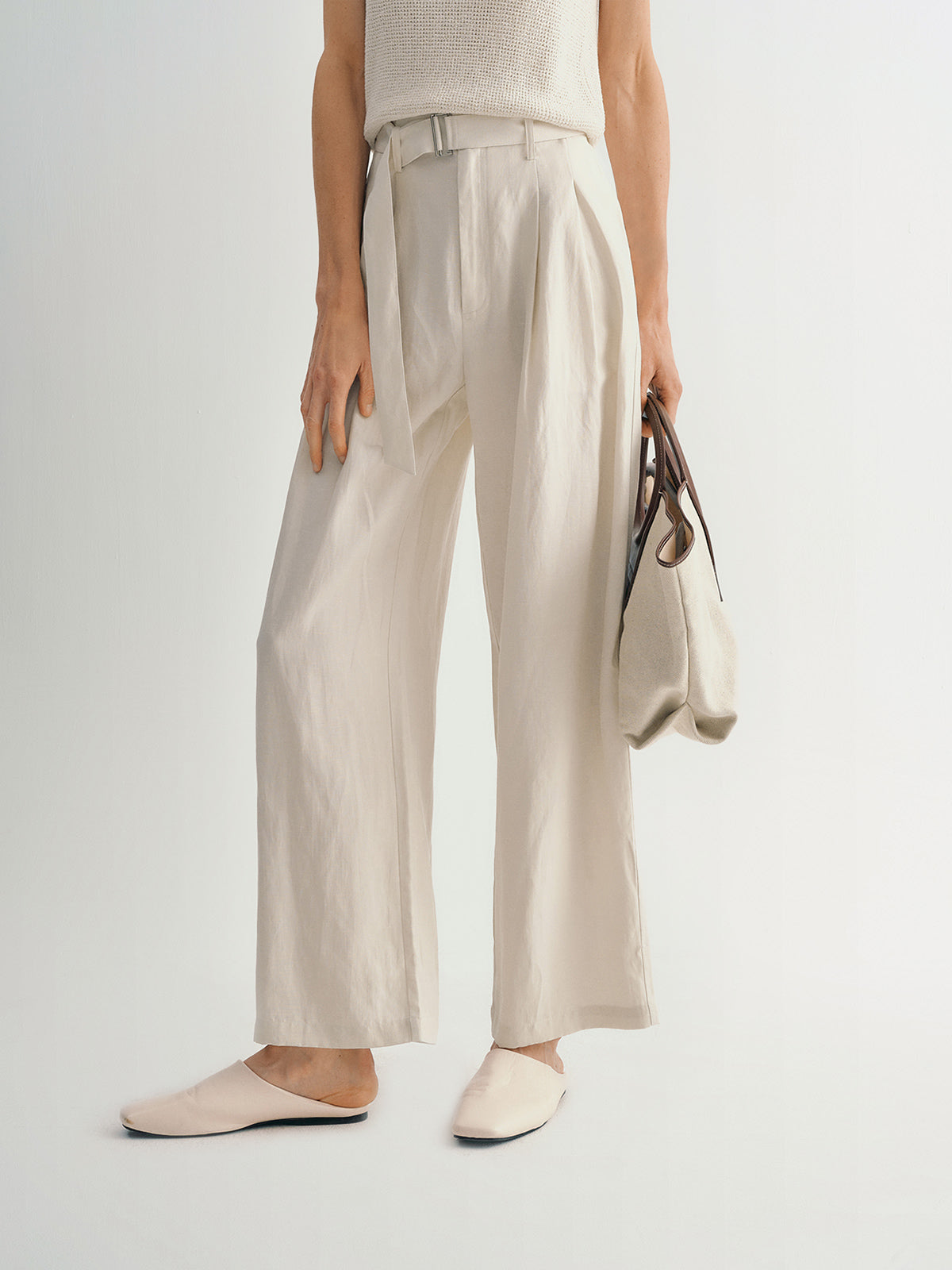 Wide Leg Lyocell Flax Belted Pants