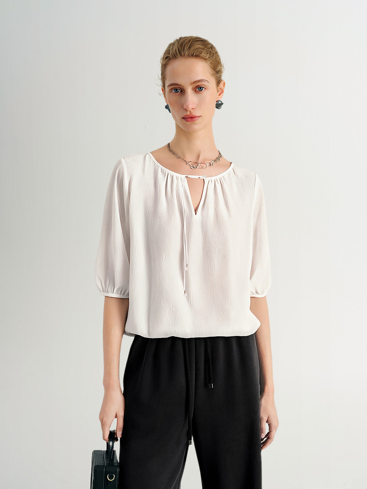 Silk Wave-Texture Short-Sleeve Blouse