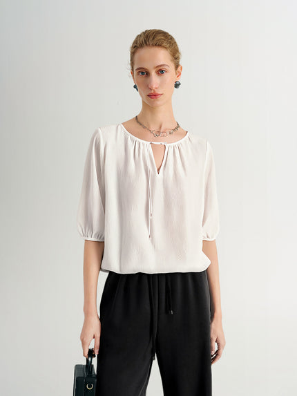 Silk Wave-Texture Short-Sleeve Blouse