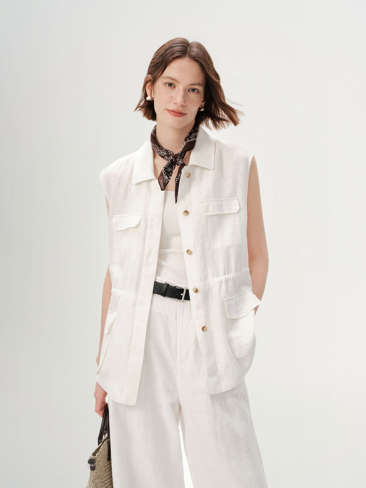 Pure Linen Sleeveless Collared Top with Pockets