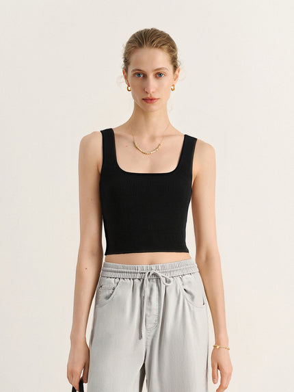 Black Square-Neck Fitted Cropped Tank