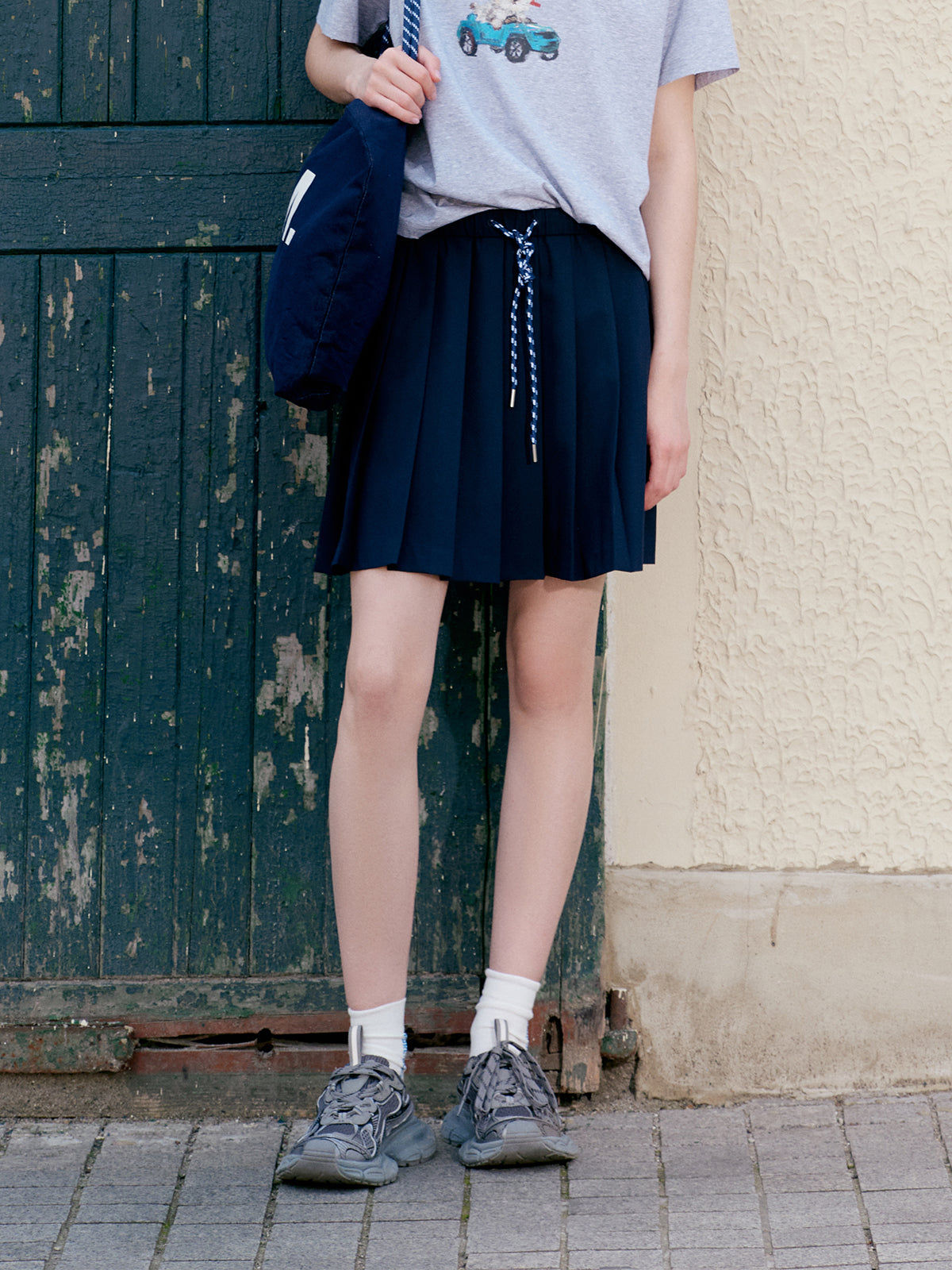 Drawstring Pleated Mini Skirt