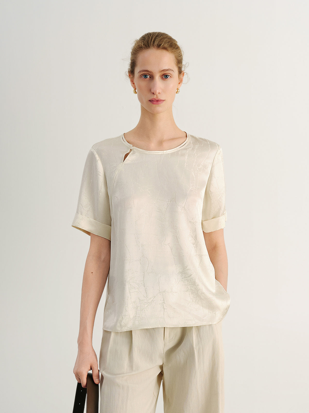 Silk Jacquard Satin Short-Sleeve  Top