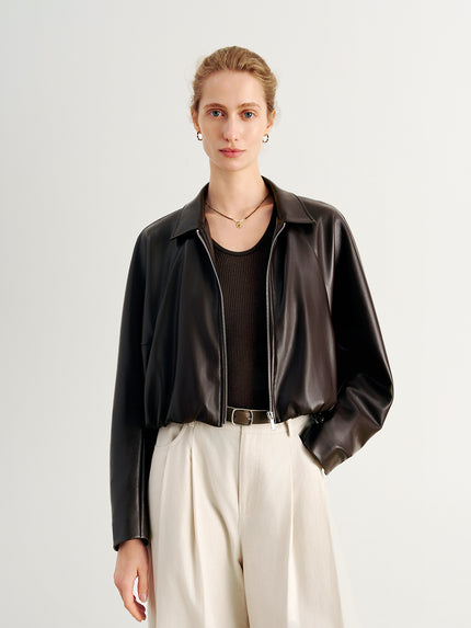 Cropped Leather Jacket with Stand Collar Jacket