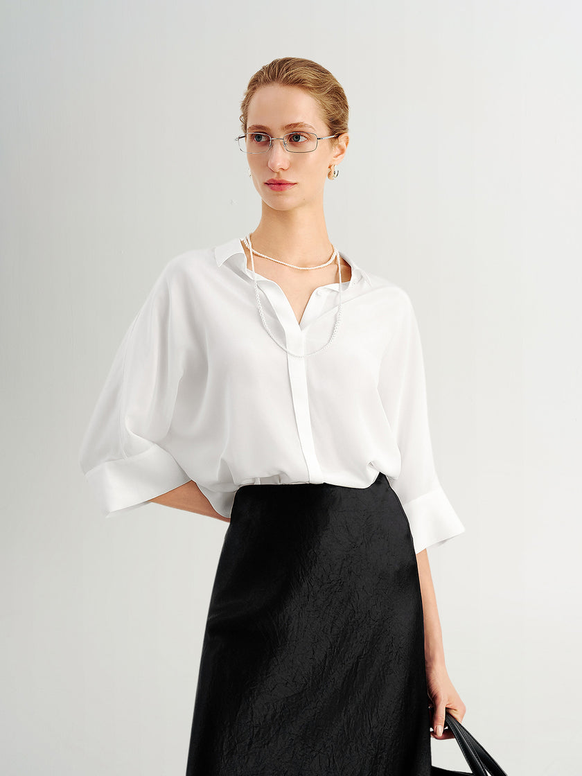 Pure Silk Short-Sleeve V-Neck Blouse