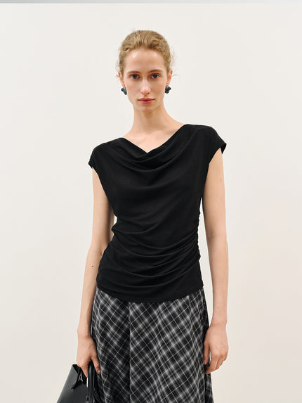 Crewneck Draped Flutter-Sleeve Top