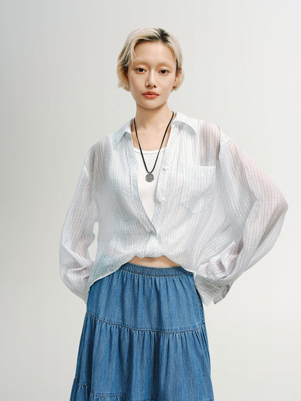 Striped Lyocell V-Neck Layered Tank-Top Blouse