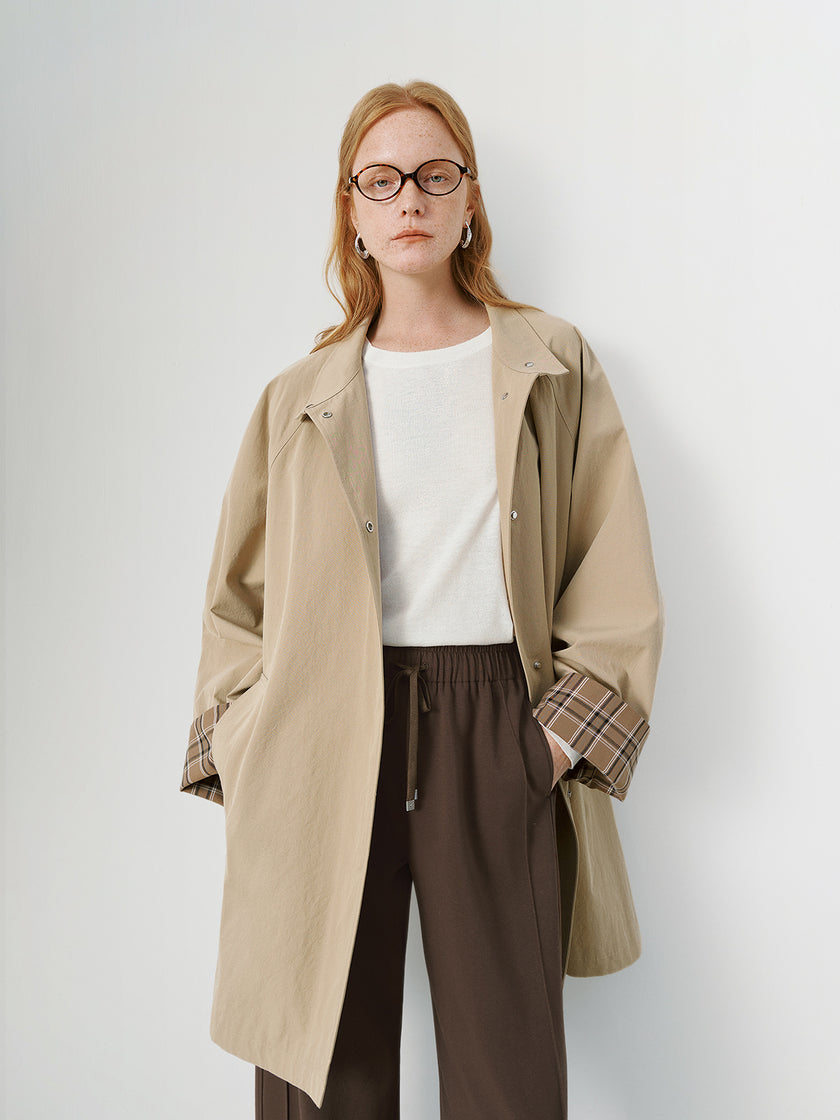 Cotton Stand-Collar Raglan Sleeve Trench