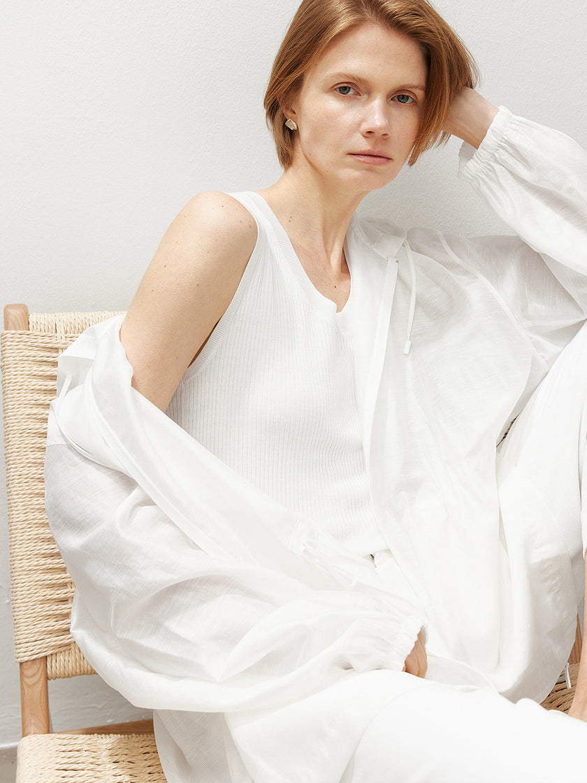 Lyocell-Linen Hooded Mid-Length Jacket