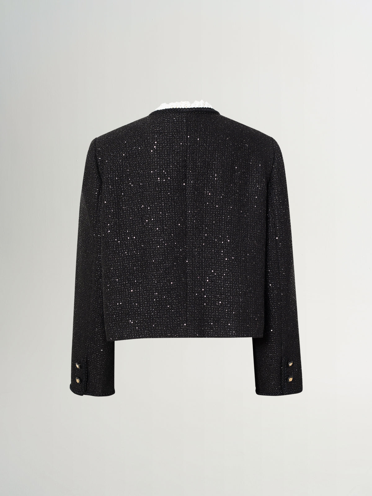 Wool-Sequin Blend Lace-Trim Cardigan
