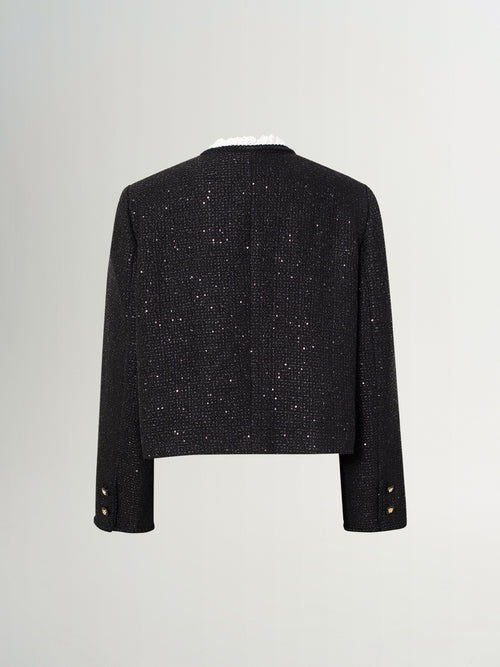 Load image 1 in gallery view. Wool-Sequin Blend Lace-Trim Cardigan