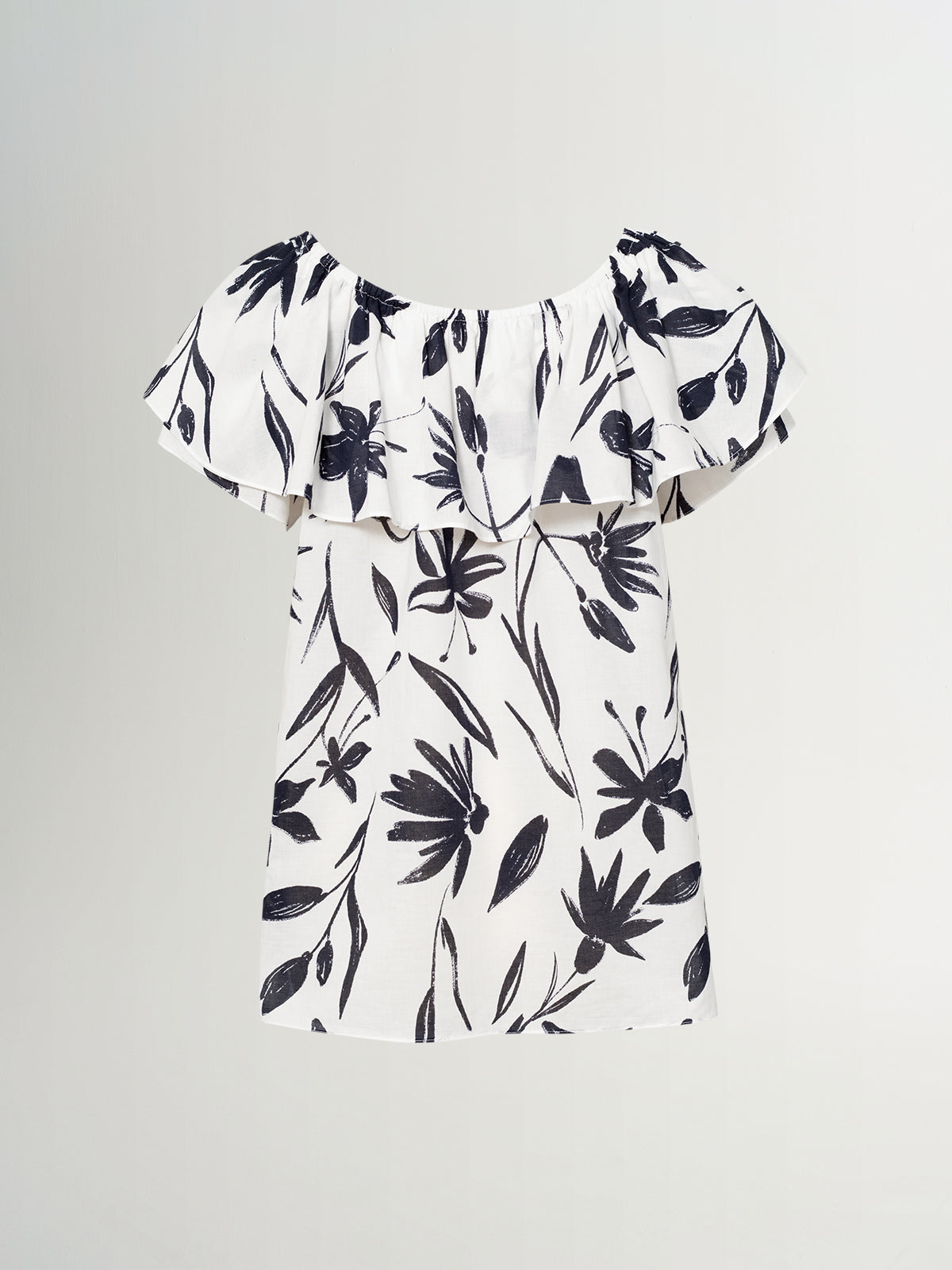 Cotton Ruffled-Neck Short-Sleeve Top