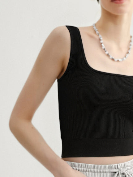 Black Square-Neck Fitted Cropped Tank