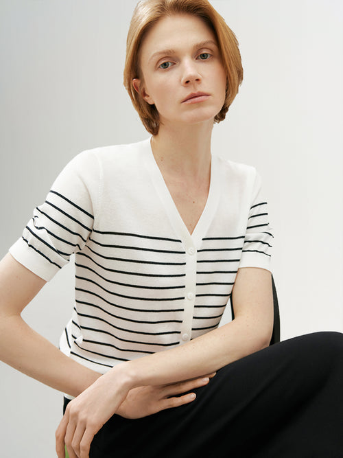 Load image 1 in gallery view. Stripe V Neck Lyocell Knit Cardigan
