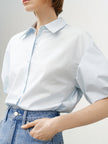 Women's Light Blue Classic Collar Puff Sleeves 100% Cotton Shirt 5F4221641