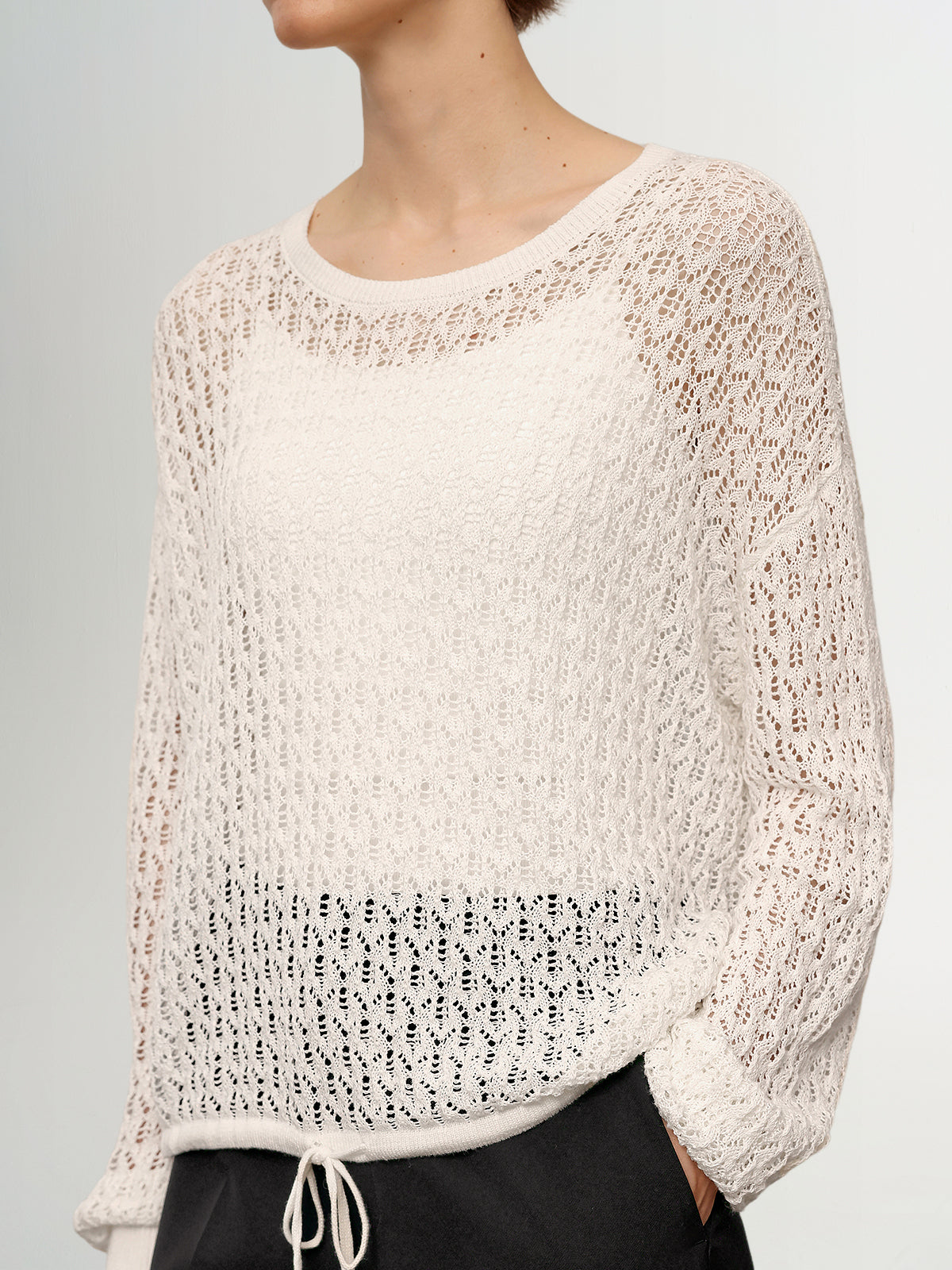 Cotton-Linen Crochet Knit Crewneck Sweater