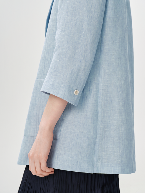 Load image 1 in gallery view. Linen V-Neck Structured Shoulder Relaxed Fit Blazer with Three-Quarter Sleeves