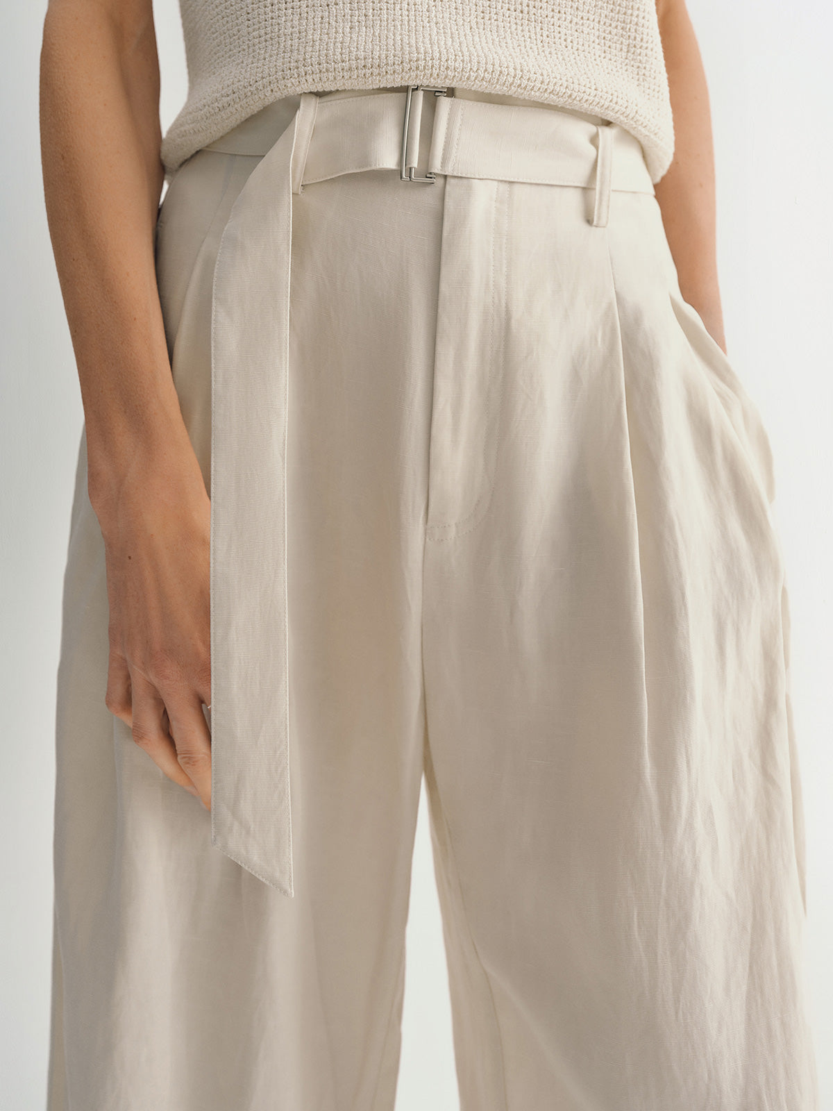 Wide Leg Lyocell Flax Belted Pants