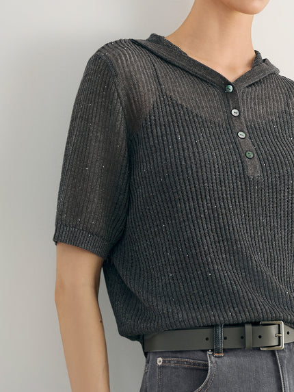 Tiny Sequined Sheer Striped Hoodie  Knitwear