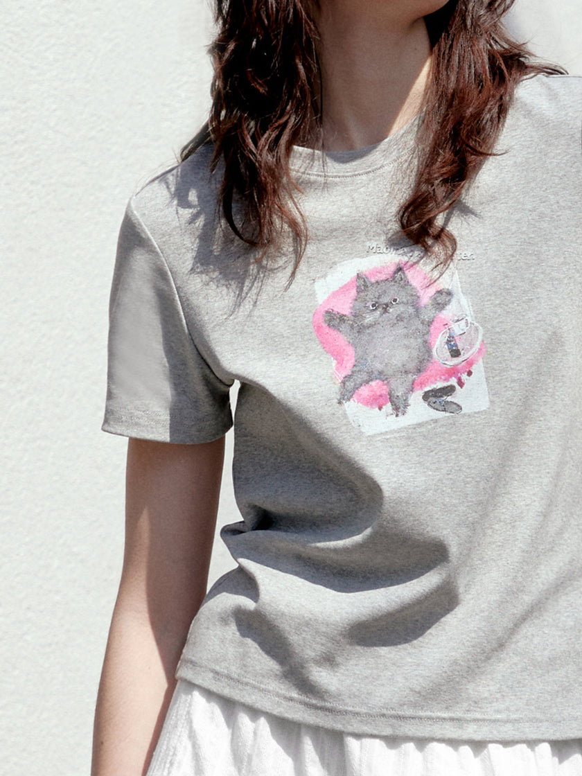 Cotton-Blend Cat Print Tee