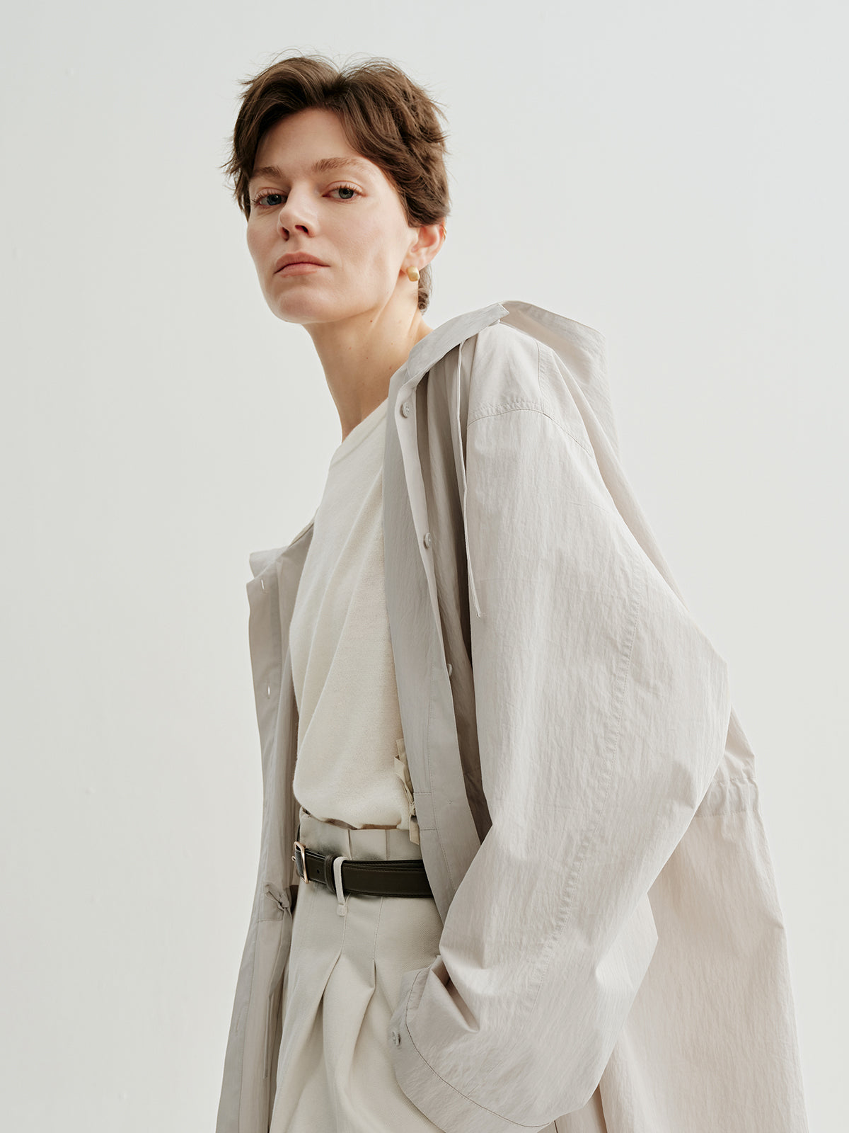 Beige Hooded Straight-Cut Trench Coat