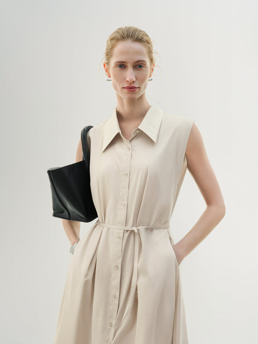 Sleeveless Cotton-Blend Belted Dress