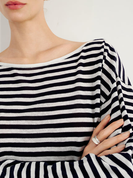 Striped Lyocell One-Shoulder Long-Sleeve Top