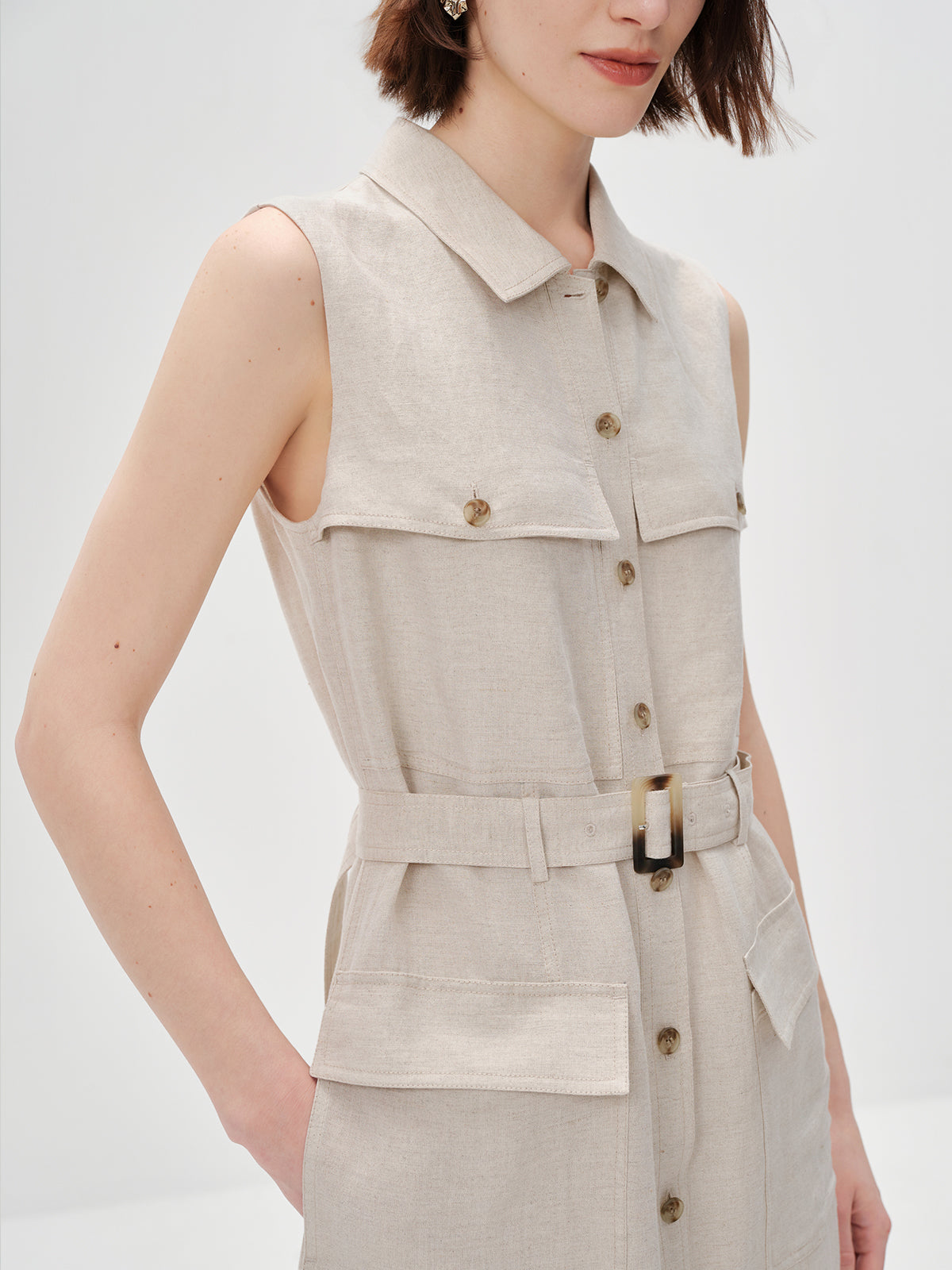 Lyocell Sleeveless Collared Dress with Belt