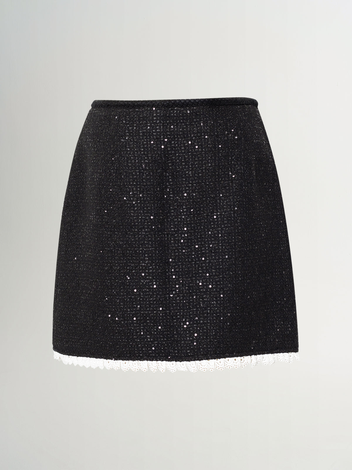 Wool-Sequin Straight Mini Skirt