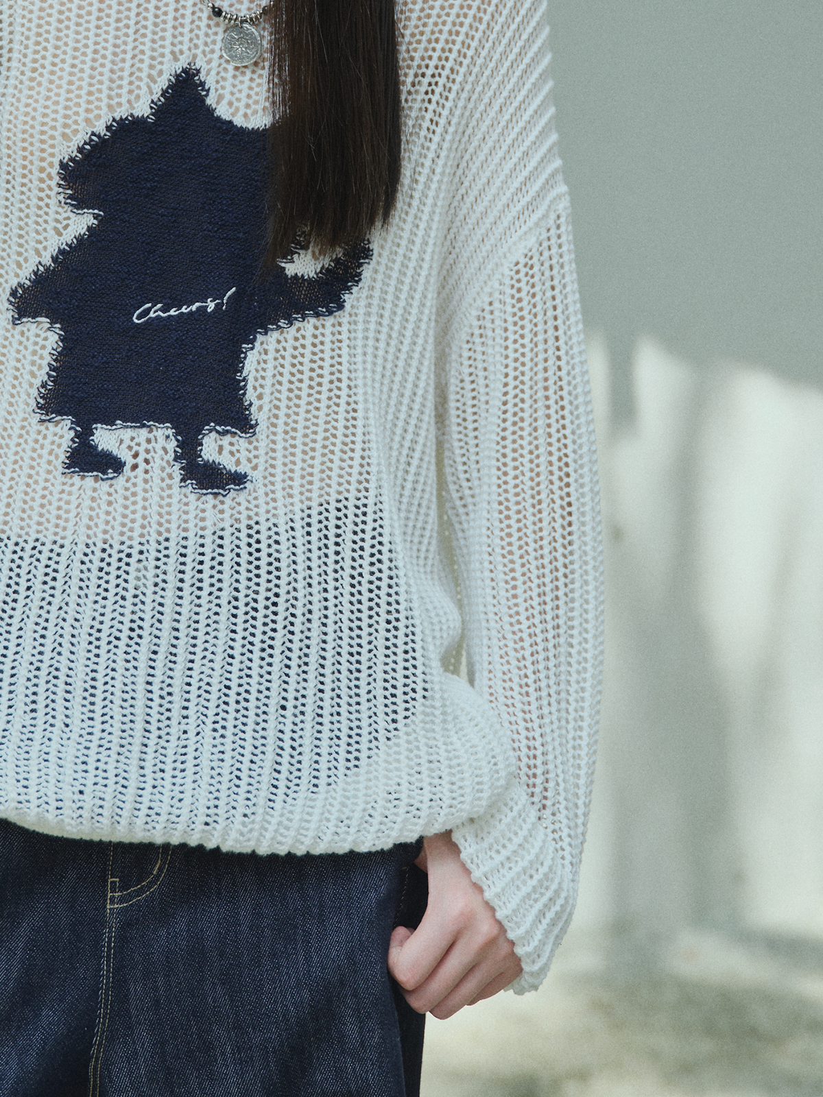 Cotton Drop-Shoulder Crochet Knit Sweater