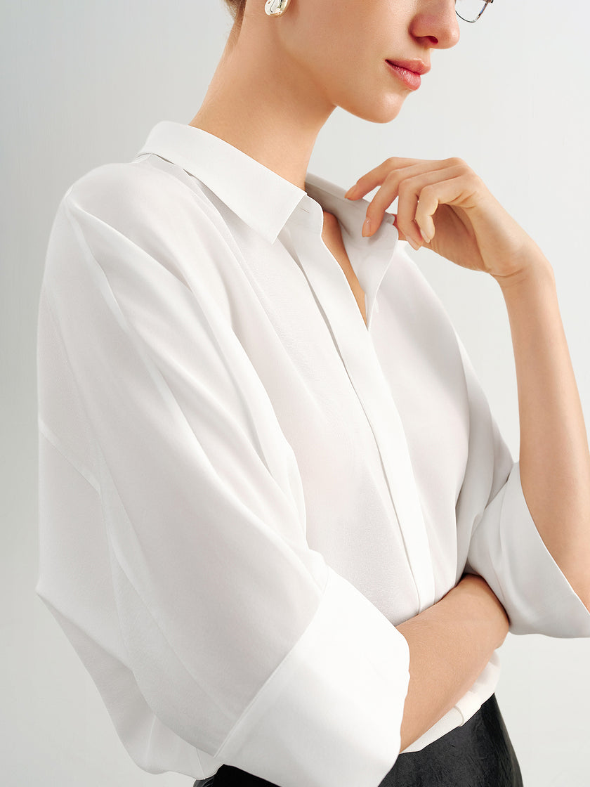 Pure Silk Short-Sleeve V-Neck Blouse