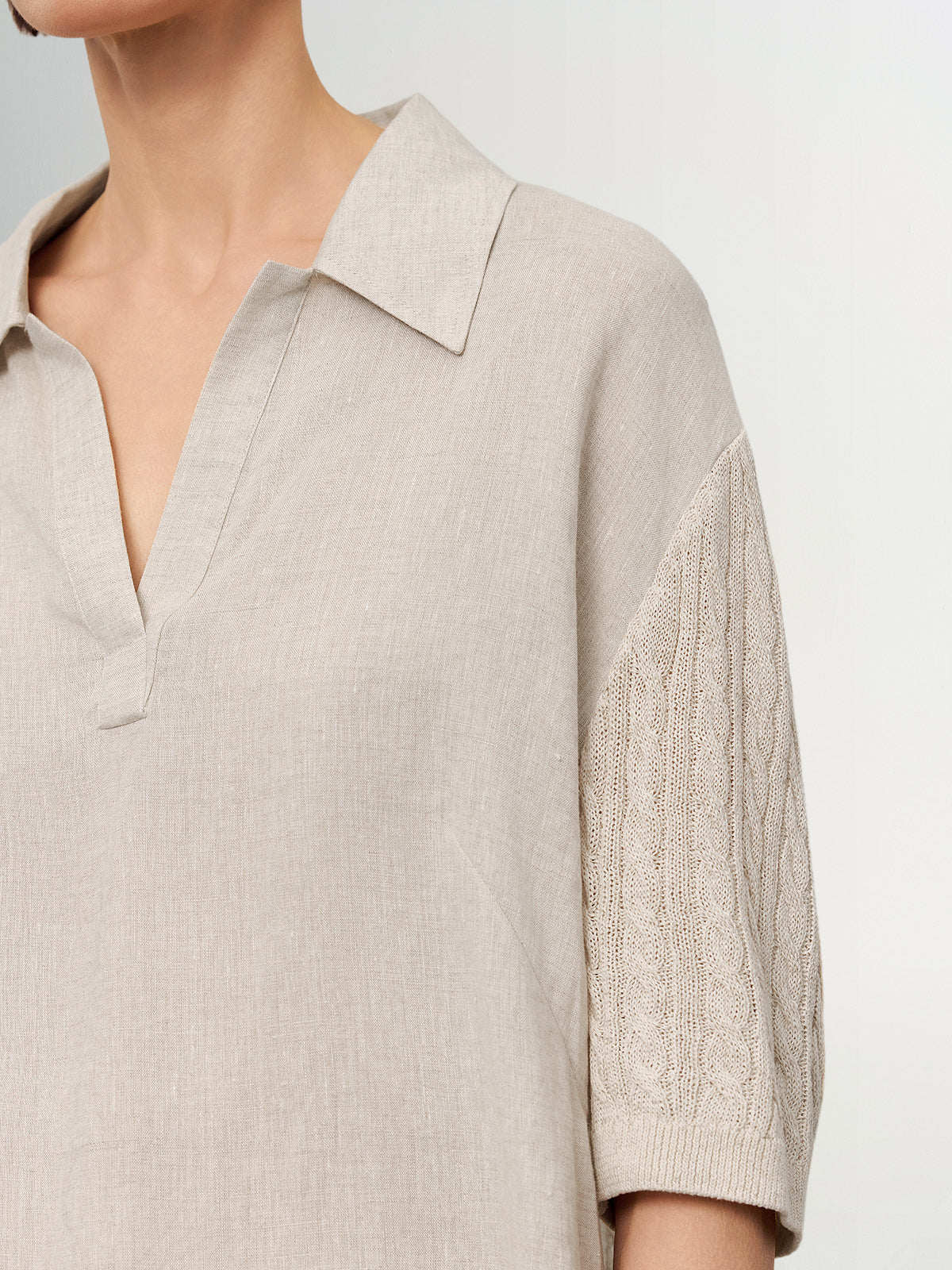 Linen-Blend Collared V-Neck Mid-Sleeve Top