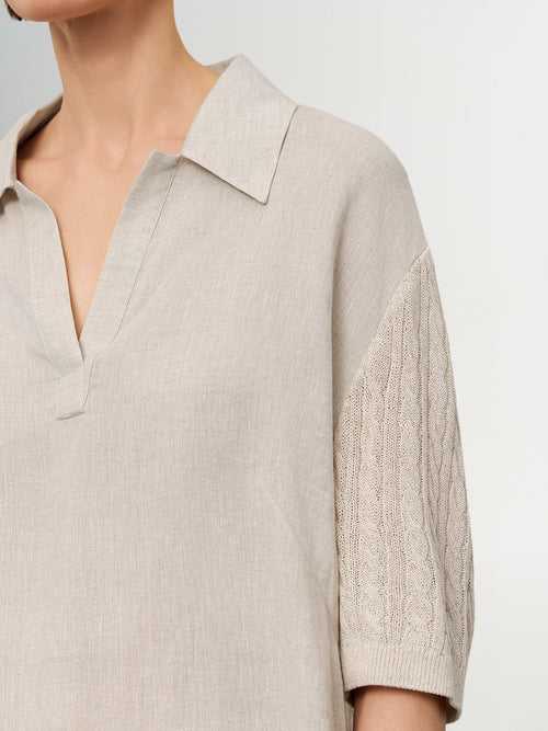 Load image 1 in gallery view. Linen-Blend Collared V-Neck Mid-Sleeve Top