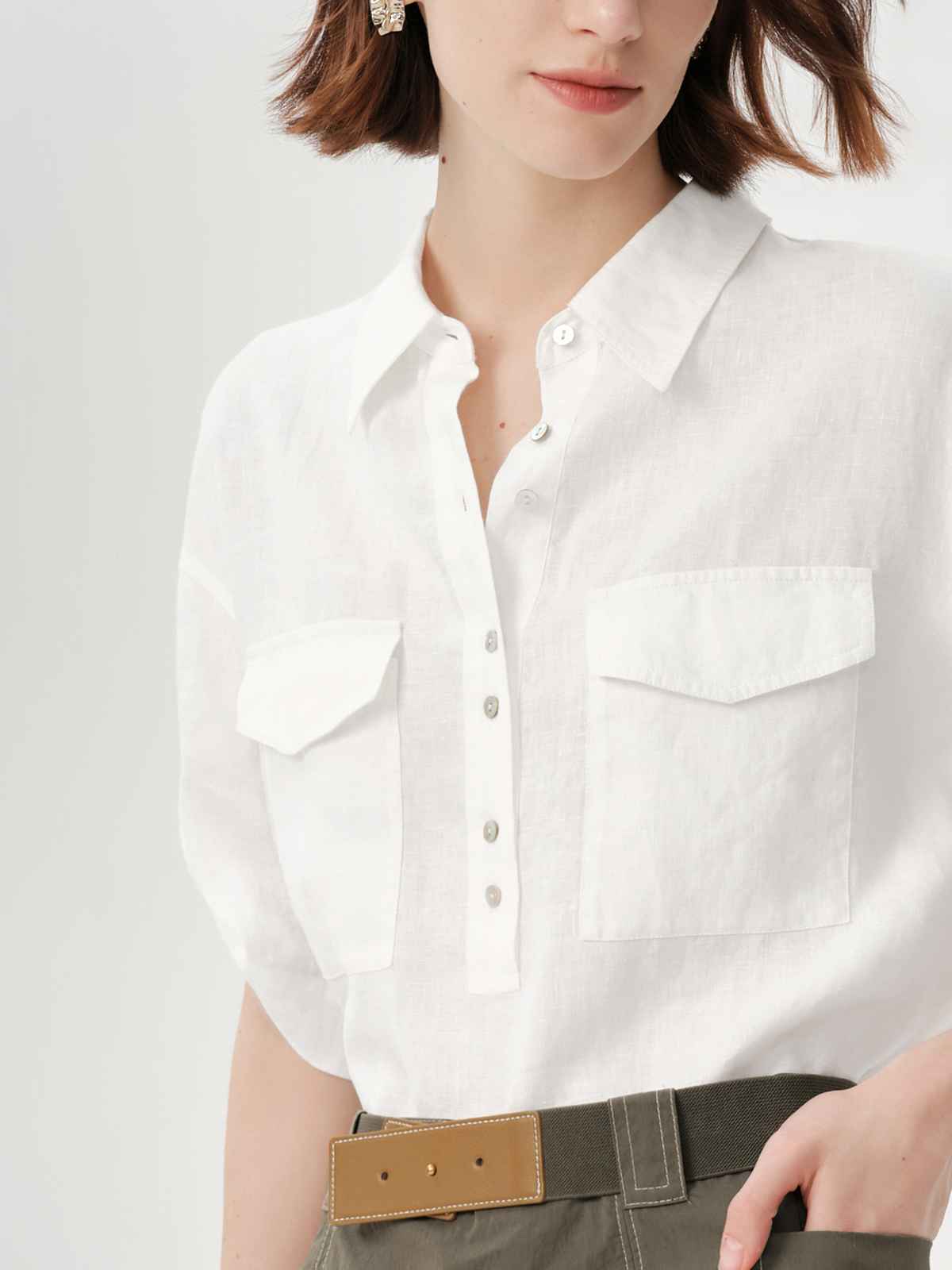 Pure Linen Collared Drop-Shoulder Short Sleeve Top