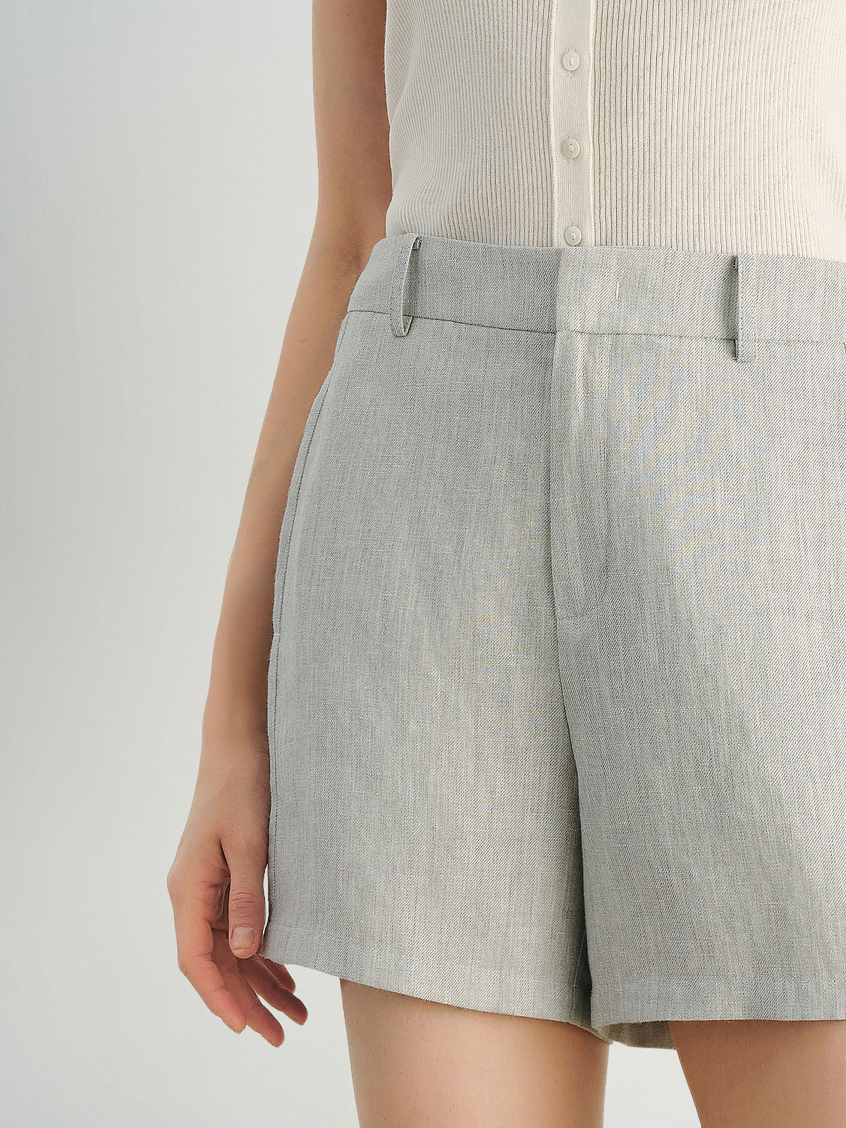 Light Blue Linen-Blend  Shorts