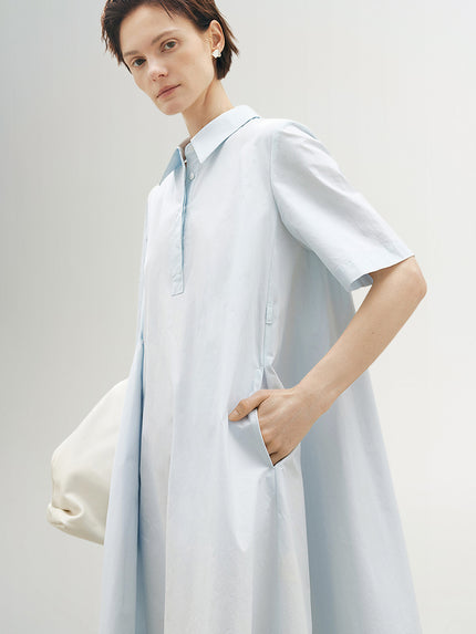 Women's Glacier Blue Classic Collar Half Sleeves 100% Cotton Shirt Dress 5F4292181