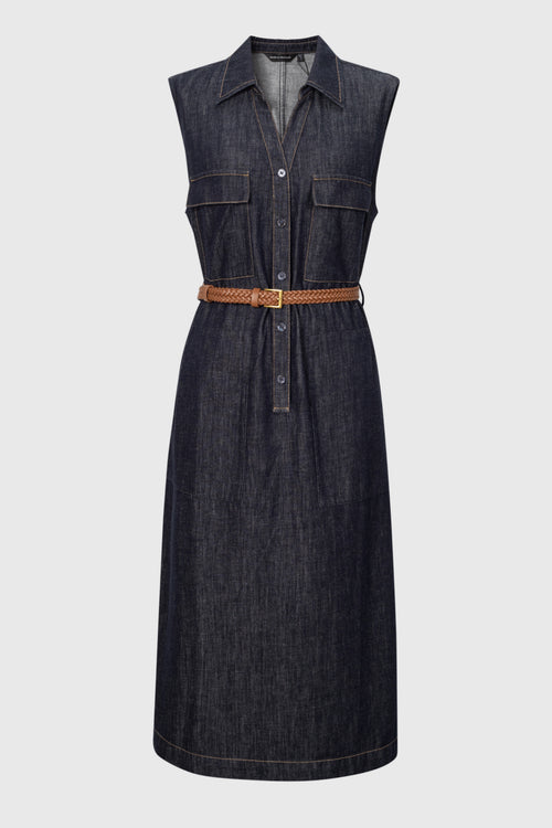 Load image 1 in gallery view. Structured Cotton-Linen Denim Sleeveless Dress