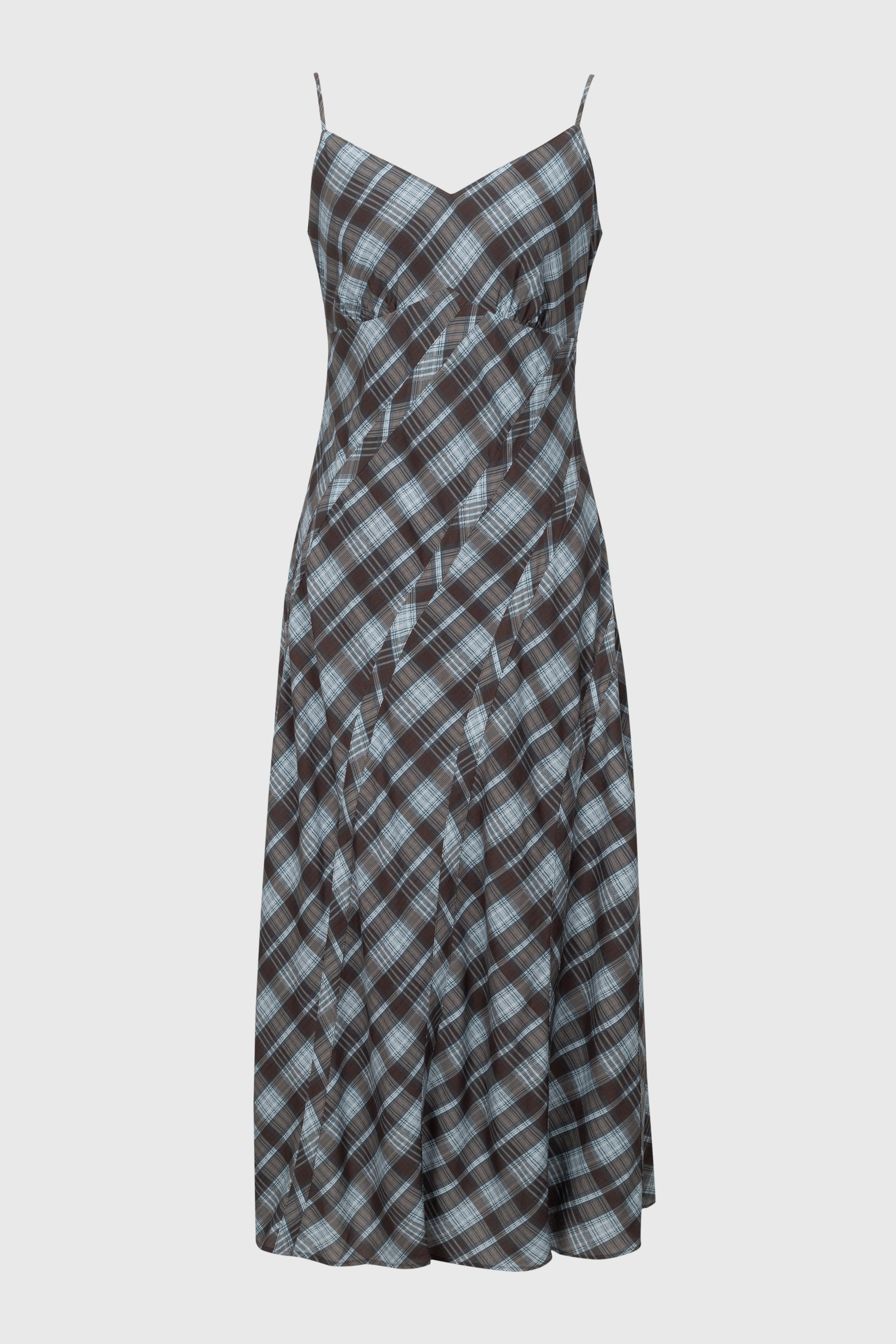 Plaid Lyocell-Linen V-Neck Slip Dress