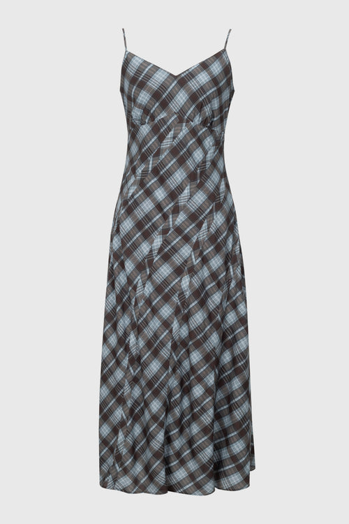 Load image 1 in gallery view. Plaid Lyocell-Linen V-Neck Slip Dress