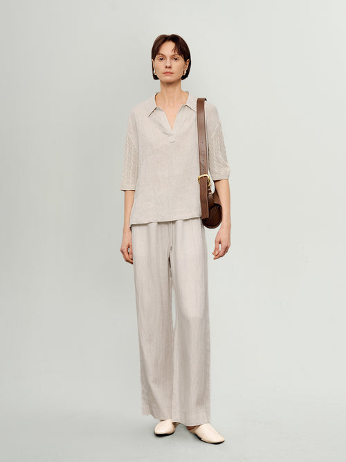 Load image 1 in gallery view. Linen-Blend Collared V-Neck Mid-Sleeve Top