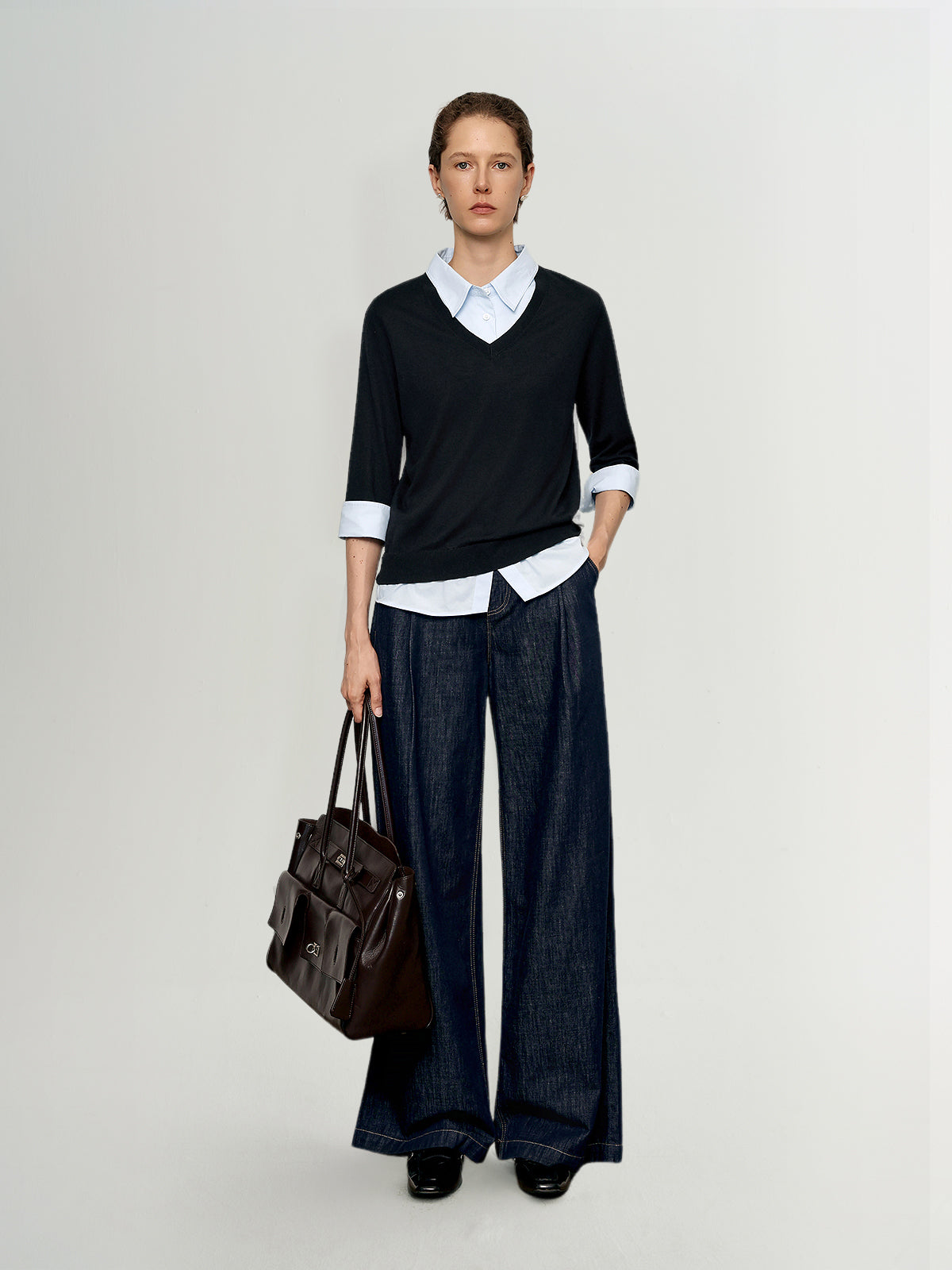 V-Neck Knit Sweater Shirt – Two-in-One Design