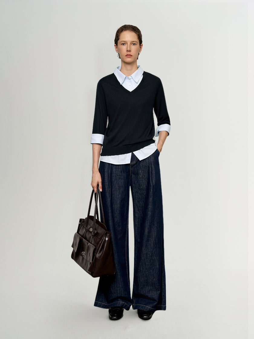 V-Neck Knit Sweater Shirt – Two-in-One Design