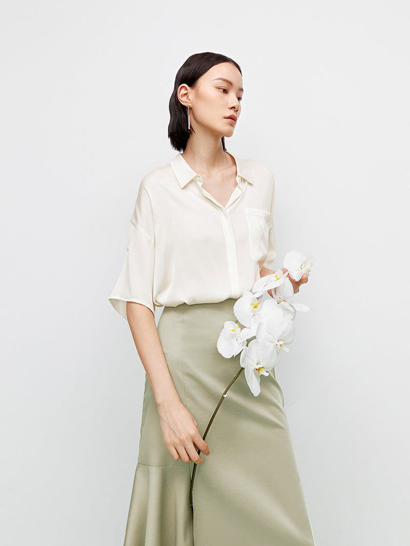 Collared V-Neck Silk Shirt