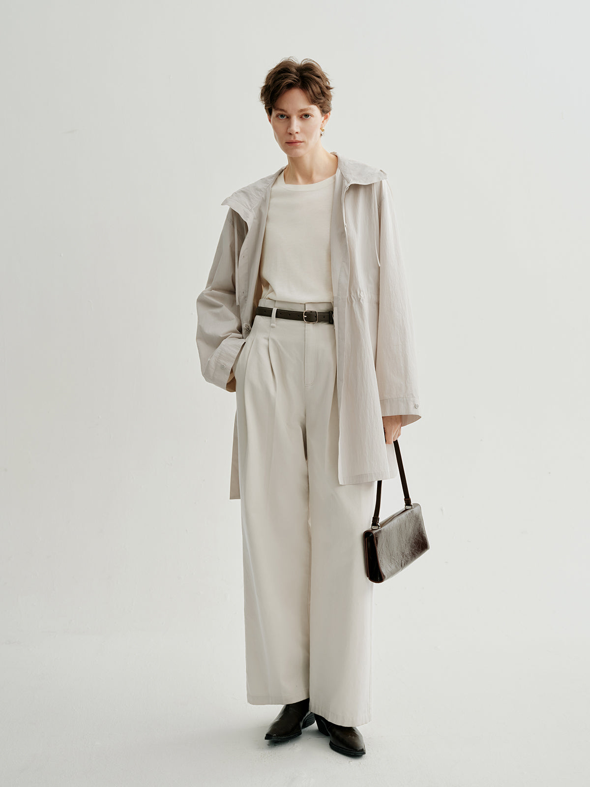 Beige Hooded Straight-Cut Trench Coat