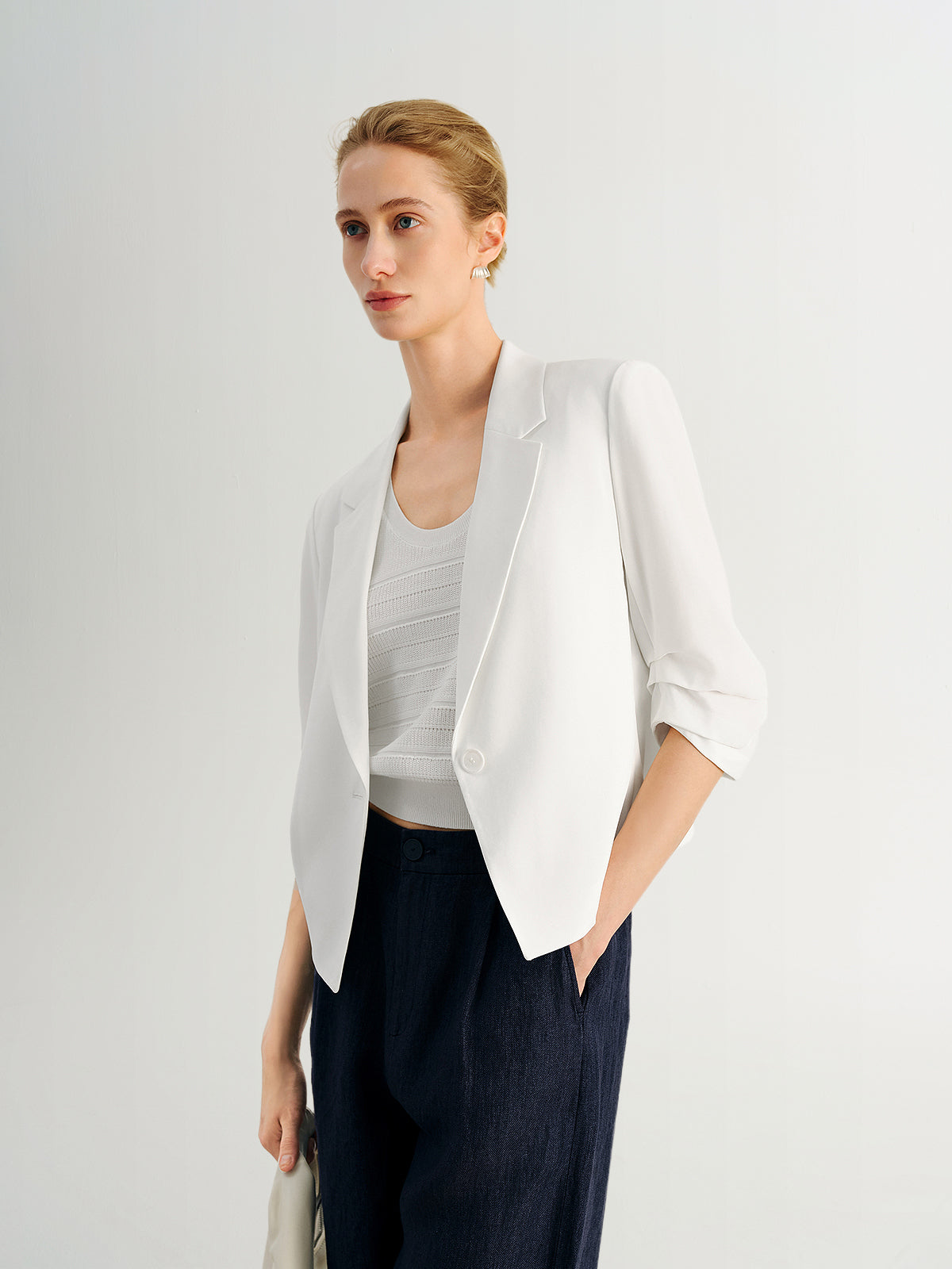 Ruched-Sleeve Cropped Tailored Blazer