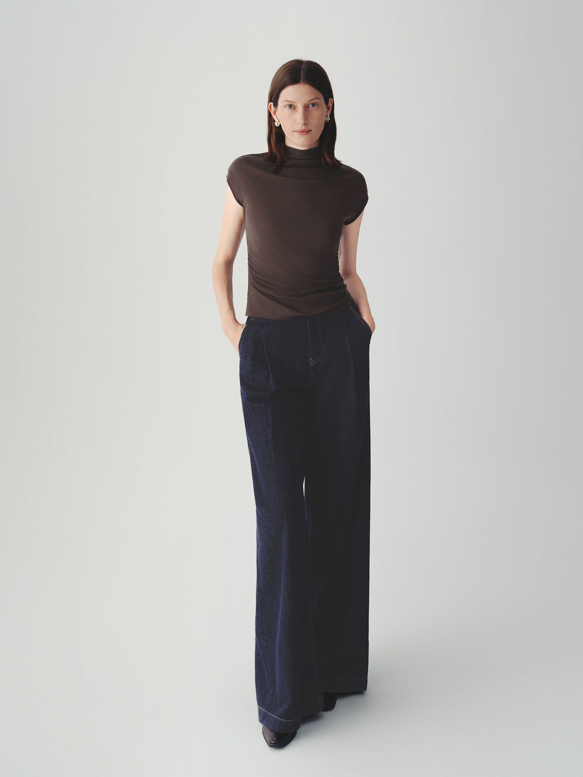 Mock-Neck Cap-Sleeve Top with Drawstring